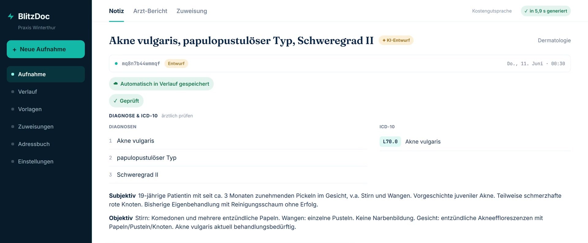 BlitzDoc-Oberfl&auml;che mit fertiger SOAP-Notiz, Diagnose und ICD-10